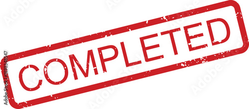 A vibrant red grunge textured rubber stamp prominently displays the word COMPLETED on a clean white surface