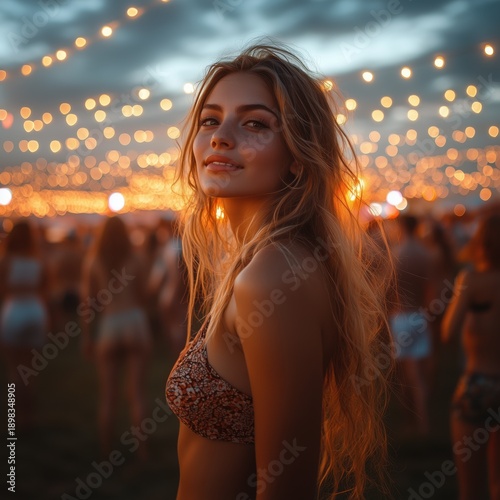 Woman with long hair and in a swimsuit