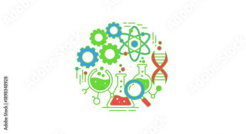 Abstract science illustration featuring atom, dna, and lab equipment on a white background