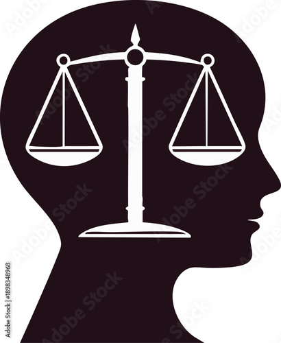 Mind of Justice: Silhouette of a head, its silhouette contains an illustration of scales, the symbol of justice, symbolizing the process of thinking and judgement.