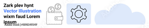 Wallet with coins, gear symbol, and cloud icon representing financial management, cloud storage, automation, and settings. Ideal for finance, tech, cloud services development automation fintech