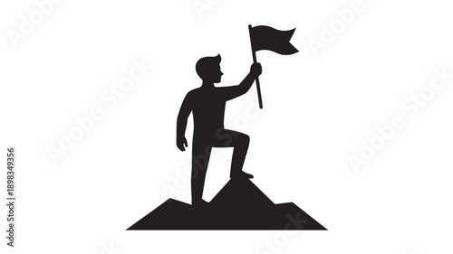 Silhouette of a triumphant man on mountain peak with flag in minimalist style, monochrome, simple vector graphic for motivational poster