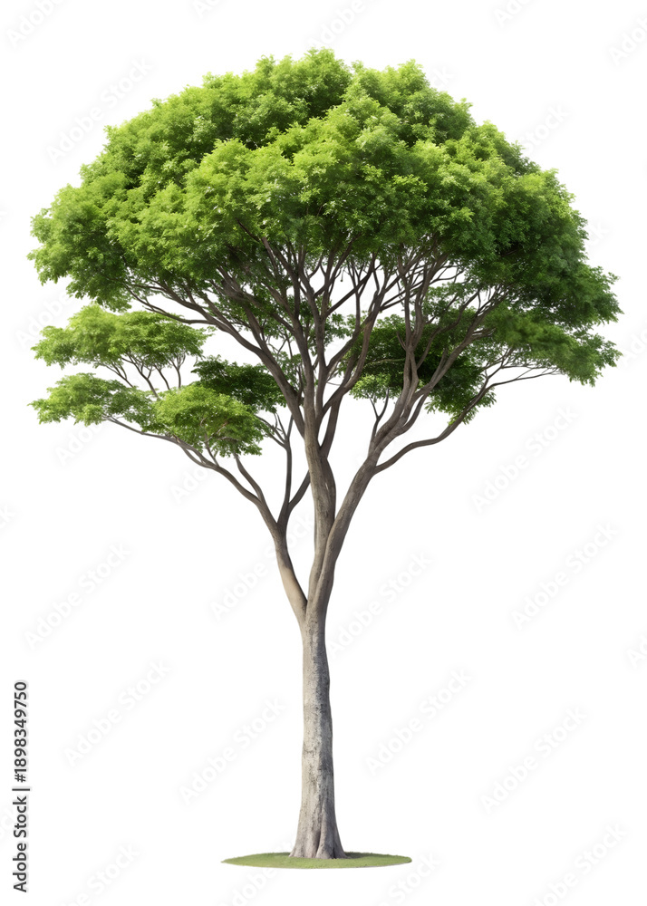 Fototapeta premium Realistic rendered deciduous tree featuring dense green canopy and prominent textured trunk on transparent background