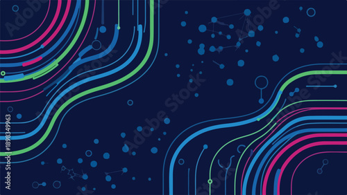Abstract digital illustration with colorful flowing lines on a dark blue background