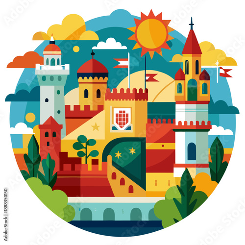 Colorful Spanish Castle Town Illustration