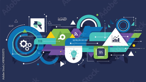 Abstract digital illustration with geometric shapes and technology icons