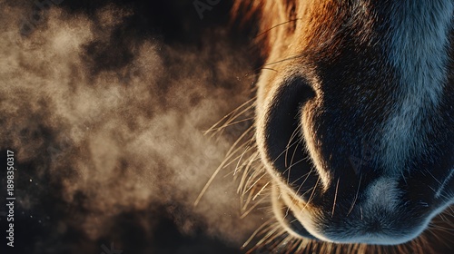 Extreme close-up of a horse muzzle in freezing winter weather with warm breath creating a steam cloud backlit by sunlight showing fine details.