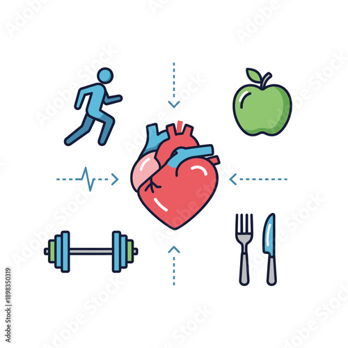 Healthy Lifestyle Icons Around Heart: Running, Dumbbell, Apple, Cutlery