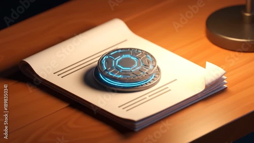 A glowing, blue sci-fi device sits on documents on a desk, briefly activating and spinning vertically before settling flat and turning off, leaving a metallic object.
