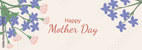 Floral Mother's Day banner with delicate purple and pink flowers on soft background and festive greeting