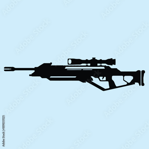 Sleek black silhouette of a modern rifle with scope and bayonet attachment
