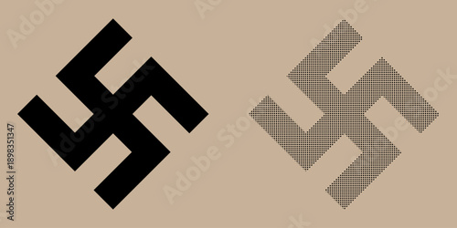 Comparison of a solid swastika symbol and a dotted swastika symbol side by side on a beige background.