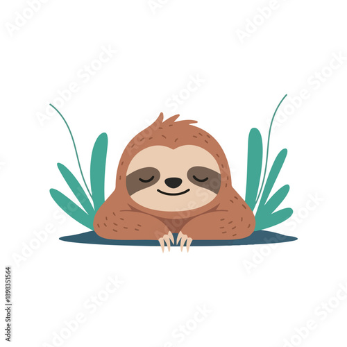 Cartoon sloth with closed eyes, surrounded by leaves