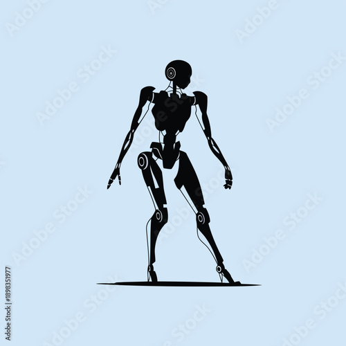 A futuristic humanoid robot standing in a minimalist pose against a gradient background