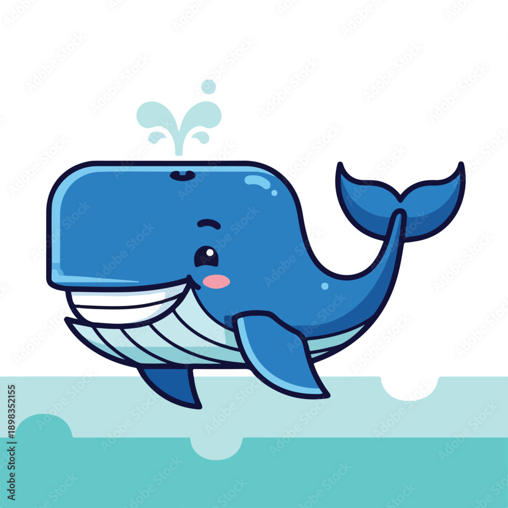 Fototapeta premium Cartoon whale character spouting water, smiling, set against a background