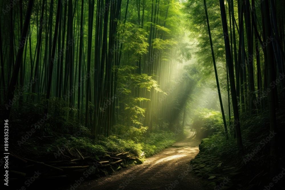 Fototapeta premium Bamboo forest sunlight outdoors woodland.