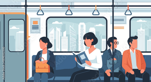 People Riding on Subway Train Together.