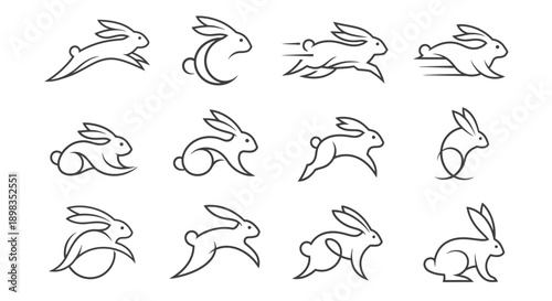 Rabbit Silhouettes in Various Running Poses.