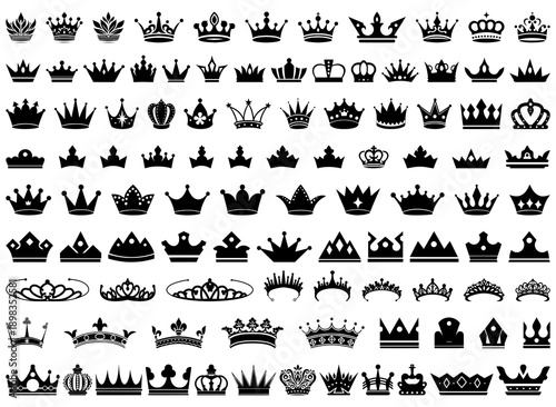 Crown silhouette vector set. Royal king and queen logo symbol collection. Heraldic luxury icon bundle. Vector illustration isolated on white background.