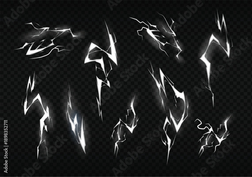 Electric lightning bolts and bright spark effects isolated on transparent dark checkered background for visual design