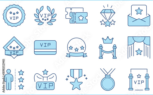 A set of flat icons related to VIP. Red carpet, pass, award, diamond, and so on.