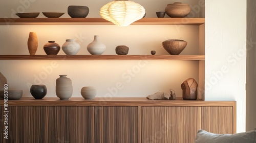 Vertically-framed interior shot capturing zen-like living area featuring walnut cabinet with clean lines, artfully arranged shelves showcasing handmade pottery and minimalist sculptures, designer
