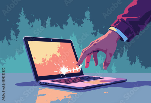 Laptop teeth biting handshaped cursor Malware Flat