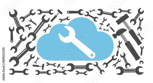 A wrench within a cloud of tools and other mechanical devices