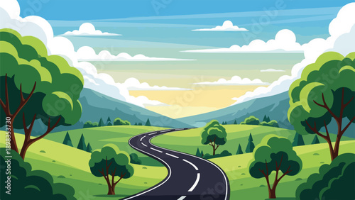 A winding road through a picturesque landscape of rolling hills, trees, and sky