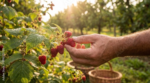 Harvesting fresh raspberrie...