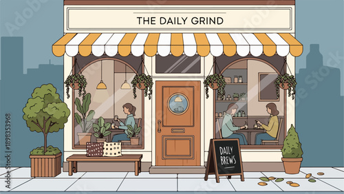 An inviting illustration of a cafe with patrons inside