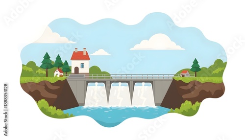 Scenic Landscape with House, Green Trees, and Waterfall near River and Blue Sky