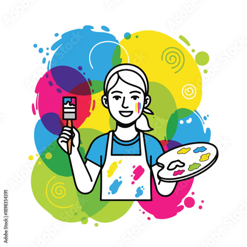 Cartoon artist with brush and palette amidst colorful paint splashes