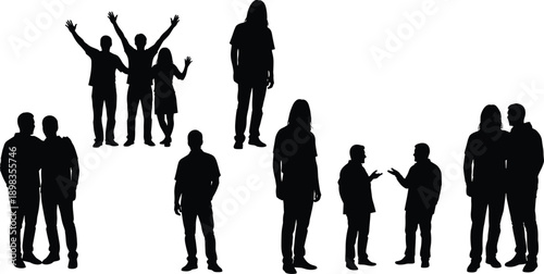 People silhouette set, standing talking and celebrating poses, men women group interaction concept, black vector illustration design isolated minimal modern