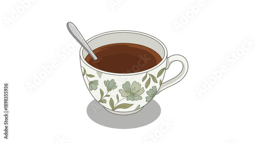A delicate teacup filled with dark liquid, adorned with a floral pattern and a spoon resting inside.