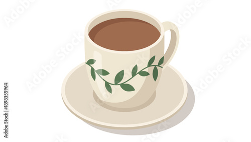 A delicate ceramic cup filled with a warm beverage, resting on a matching saucer, adorned with a subtle green vine pattern.