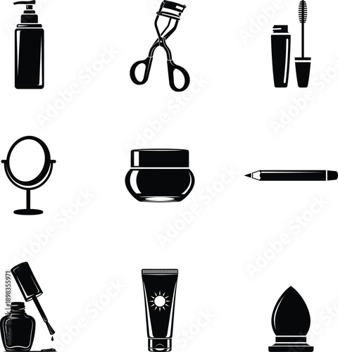 Cosmetic essentials and makeup tools for beauty routine