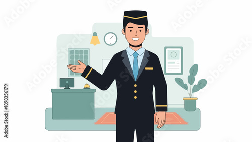 Cartoon character in a suit, gesturing, and smiling