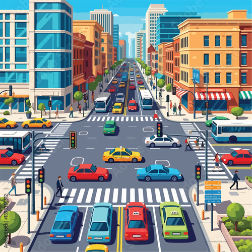 Animated illustration of a city street with cars, buildings, and people