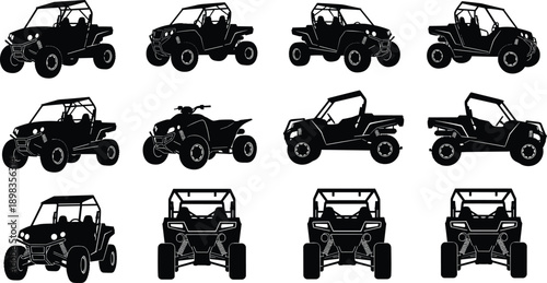 Off road vehicle silhouette set, ATV UTV buggy and quad bike icons, black vector illustration, extreme adventure transport design