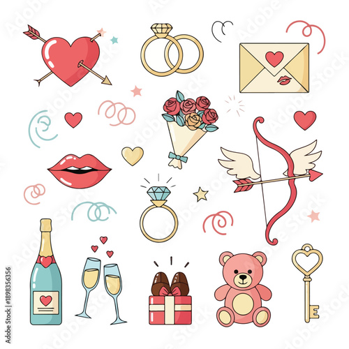 Collection of cute drawn elements, including hearts, roses, rings, and bow & arrow