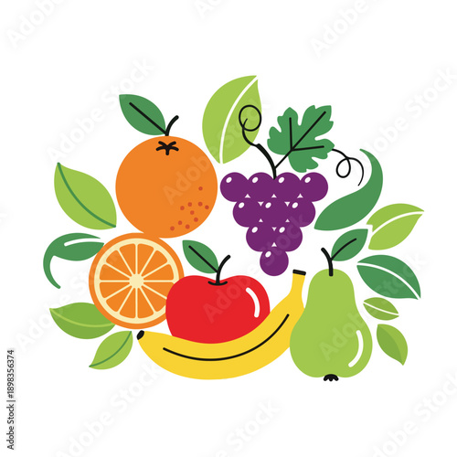 A vibrant still life arrangement of various types of fruits with leaves