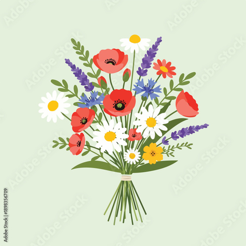 A vibrant, stylized illustration of a bouquet of wildflowers