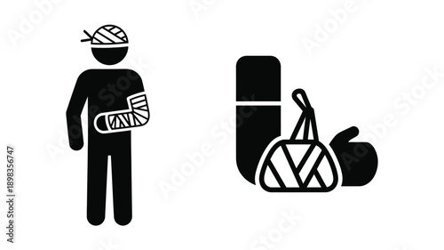Injured person with arm cast and bicycle simple silhouette