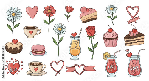 Assorted Valentines Day Food and Drink Illustrations.