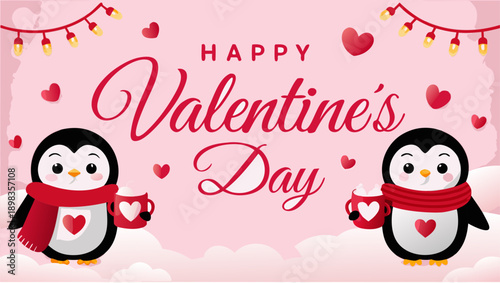 Adorable penguins wishing Happy Valentine's Day with love hearts
