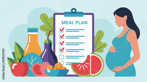 Pregnant woman beside meal plan checklist with healthy food representing prenatal nutrition and maternity diet planning concept