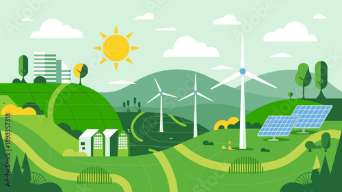 Green countryside landscape with wind turbines and solar panels representing renewable energy and sustainable environment concept