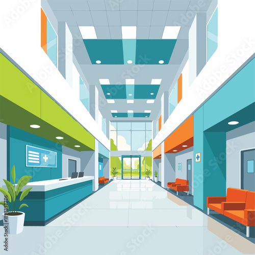 Cartoon-style illustration of a modern hospital interior with bright colors
