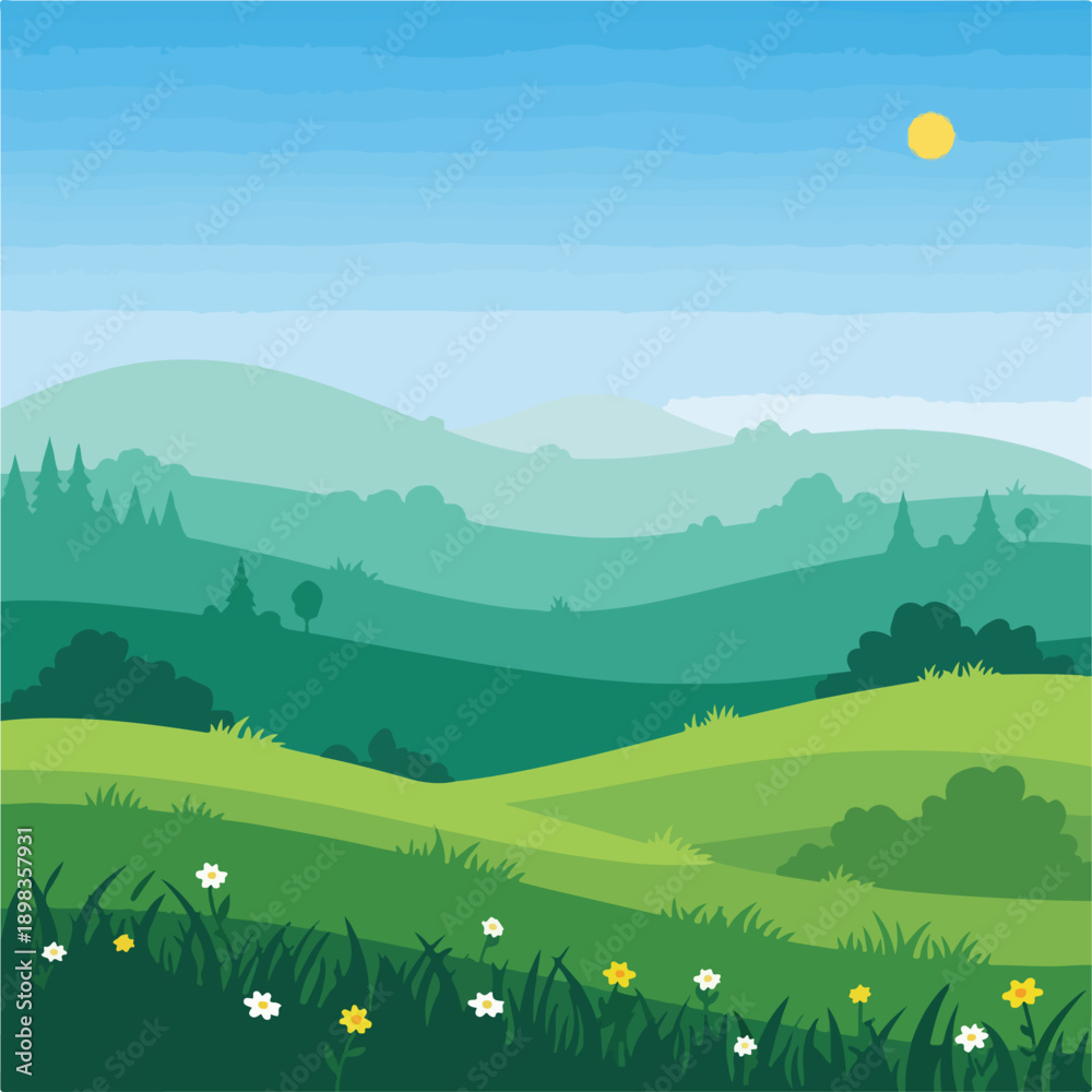 Fototapeta premium Cartoon-style illustration of a sunny day with green hills, grass, and sky